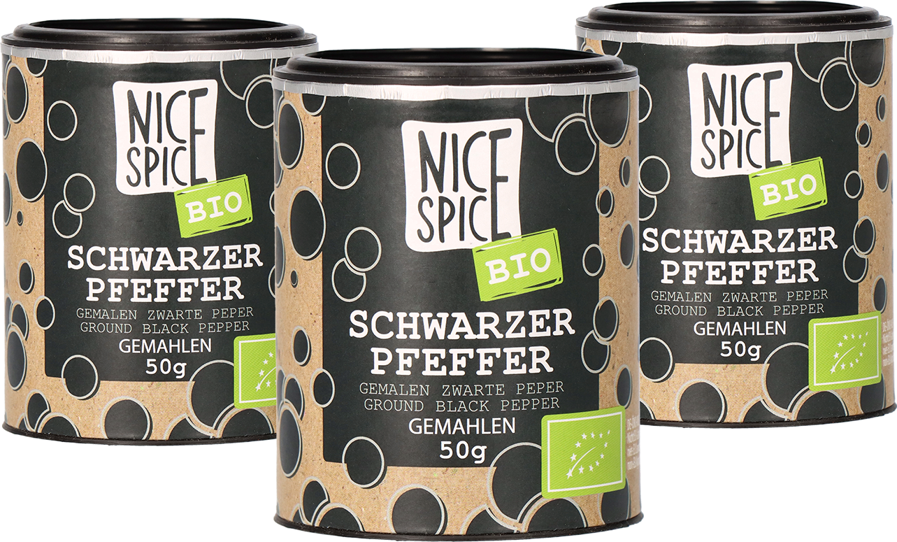 NICE SPICE drei Dosen Bio schwarzer Pfeffer in schwarzer zylinderförmiger Dose mit verspieltem Design
