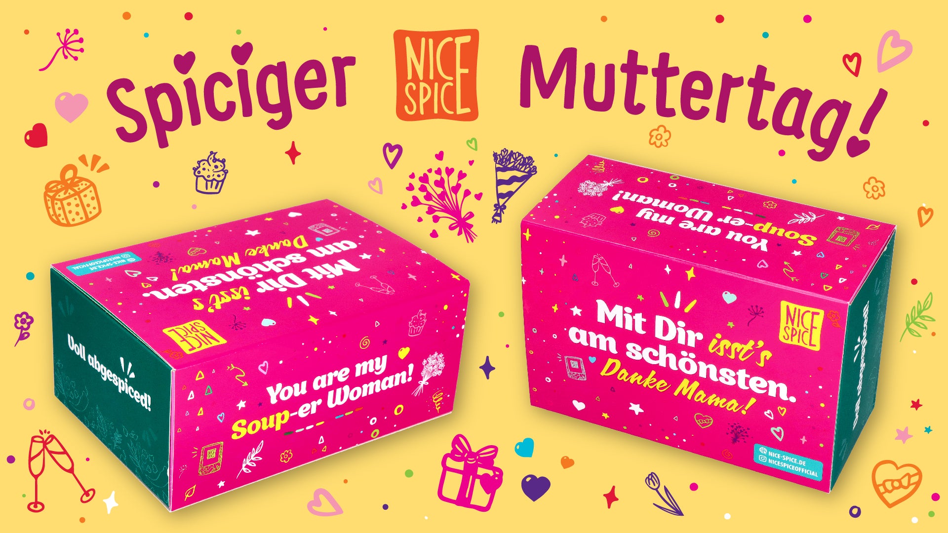 NICE SPICE Muttertagsbox zwei pinke Boxen vor gelbem Hintergrund