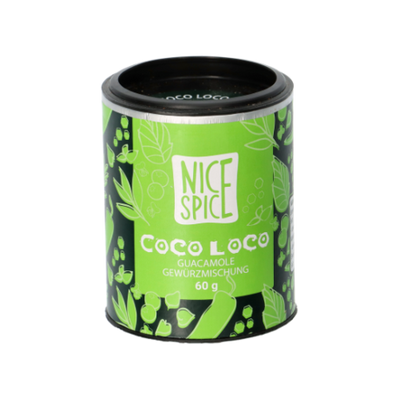 NICE SPICE Coco Loco Guacamole Gewürzmischung in hellgrüner zylinderförmiger Dose perspektivisch vor weißem Hintergrund