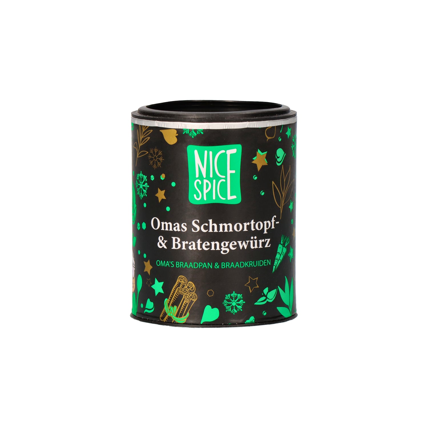 NICE SPICE Omas Schmortopf und Bratengewürz in schwarzgrüner zylinderförmiger Dose in verspieltem Design mit weißem Hintergrund