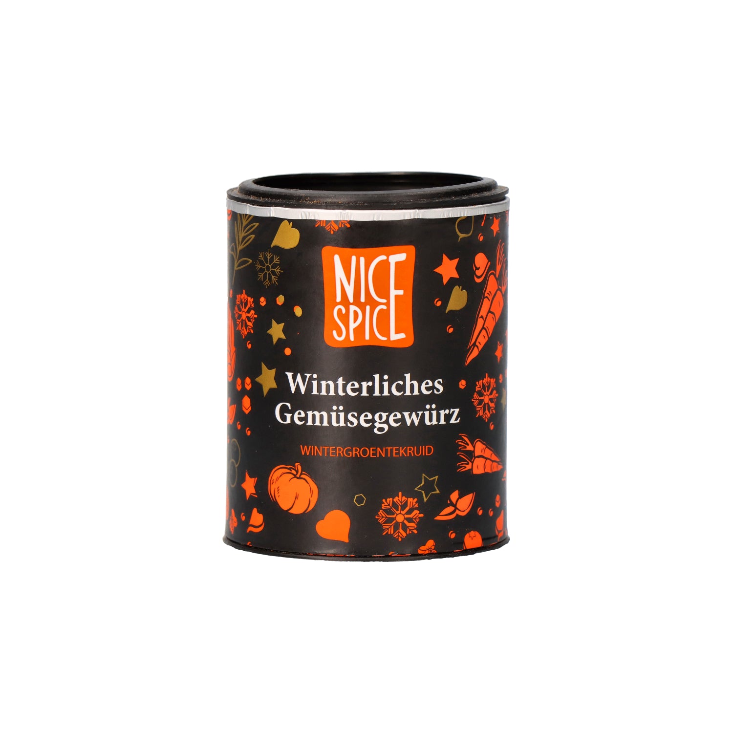 NICE SPICE Winterliches Gemüsegewürz in schwarz oranger Dose mit verspieltem Winterdesign vor weißem Hintergrund