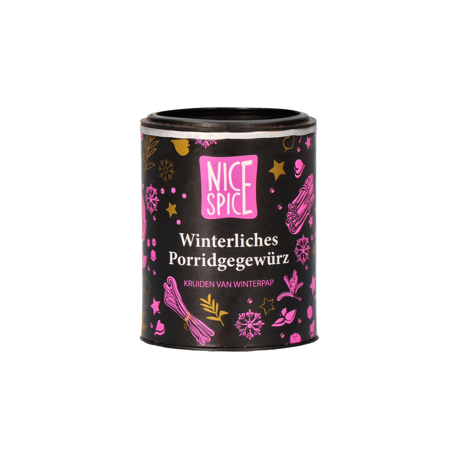 NICE SPICE Winterliches Porridgegewürz in schwarz pinker zylinderförmiger Dose mit verspieltem Design vor weißem Hintergrund