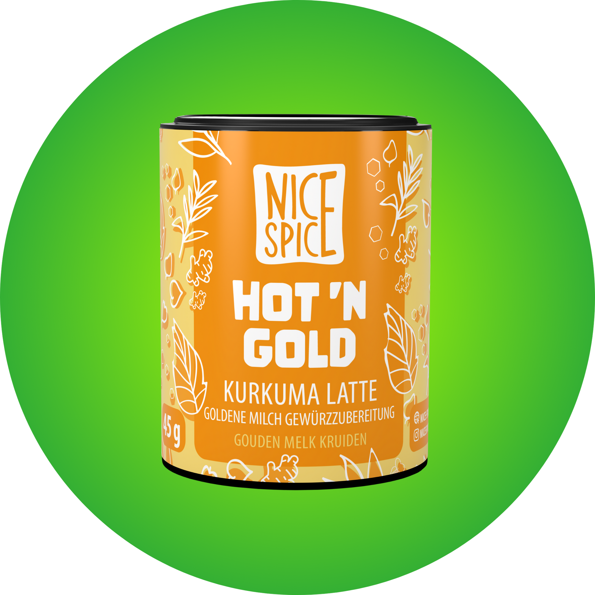 NICE SPICE Hot n Gold Kurkuma Latte Goldene Milch Gewürzzubereitung in gelber zylinderförmiger Dose vor hellgrünem Hintergrund