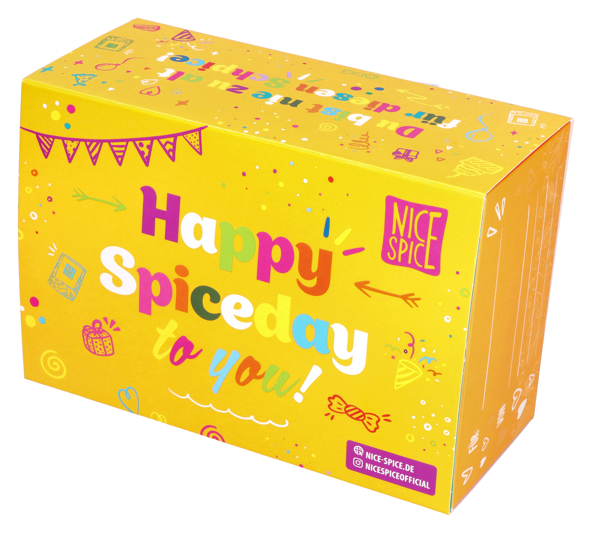 Happy Spiceday Geburtstagsbox von NICE SPICE in gelb mit bunter Schrift