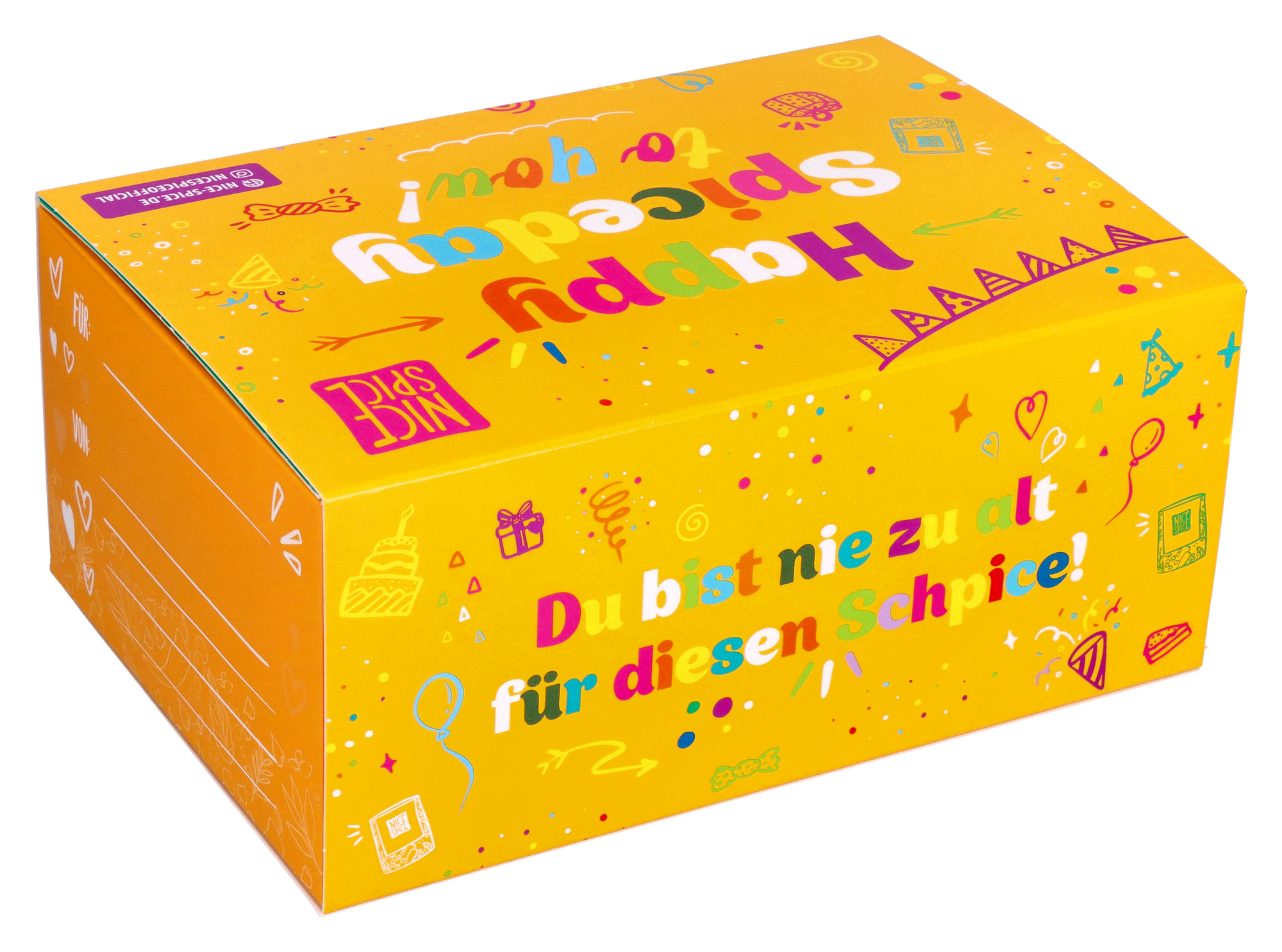 NICE SPICE gelbe Geburtstagsbox ohne Hintergrund mit bunter Schrift