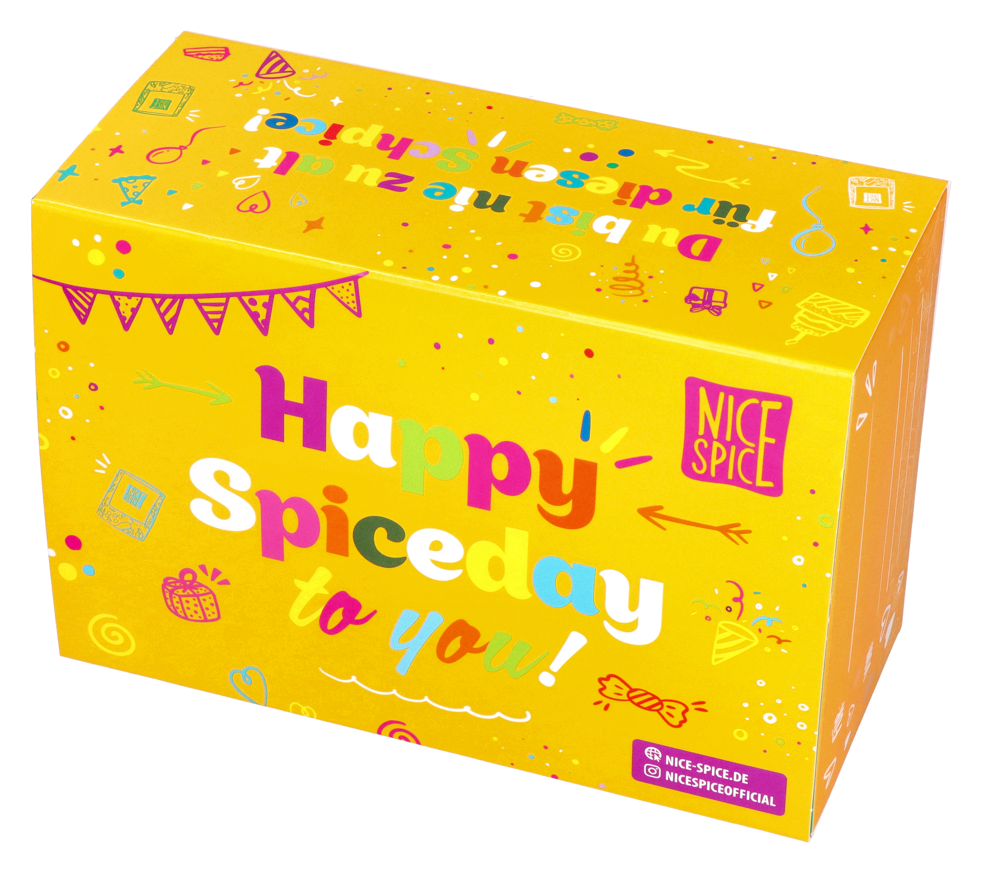 NICE SPICE gelbe Geburtstagsbox leicht nach links gedreht kein Hintergrund