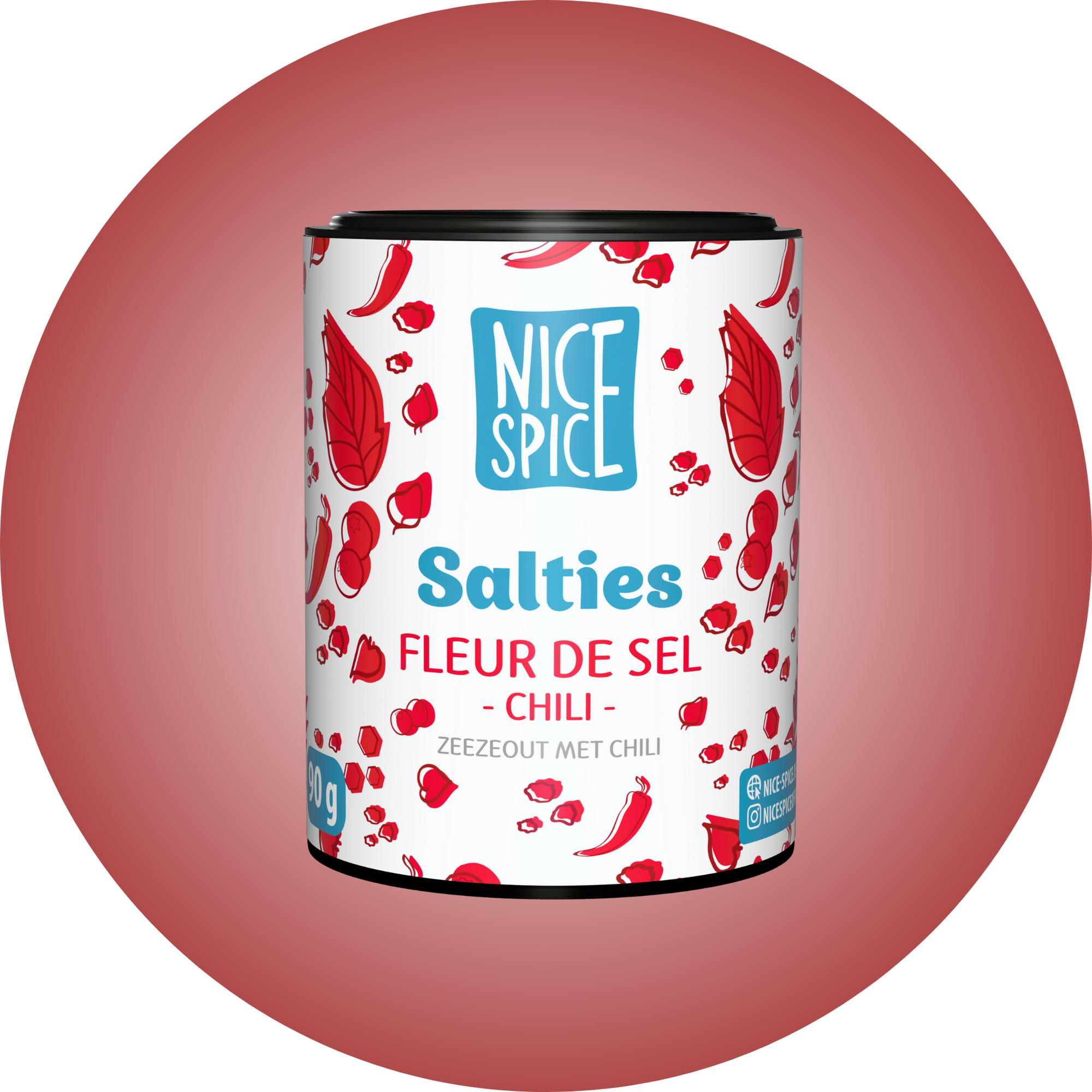 NICE SPICE Salties Fleur de Sel Chili weissrote zylinderförmige Dose mit verspieltem Design vor hellrotem Hintergrund