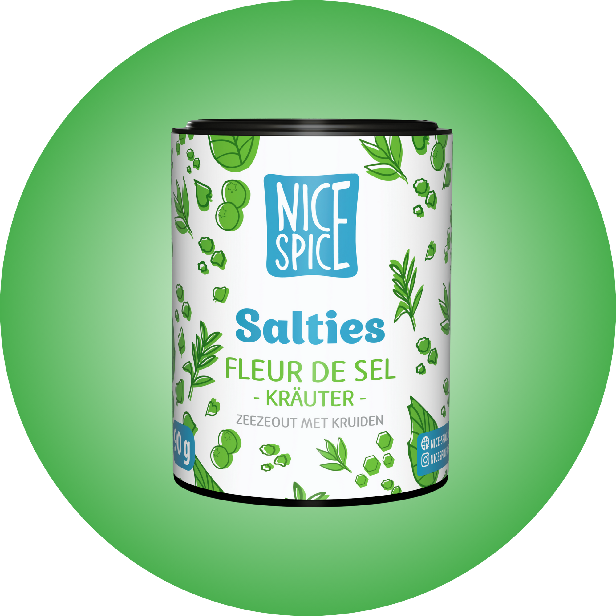 NICE SPICE Salties Fleur de Sel Kräuter in weissgrüner zylinderförmiger Dose vor hellgrünem Hintergrund