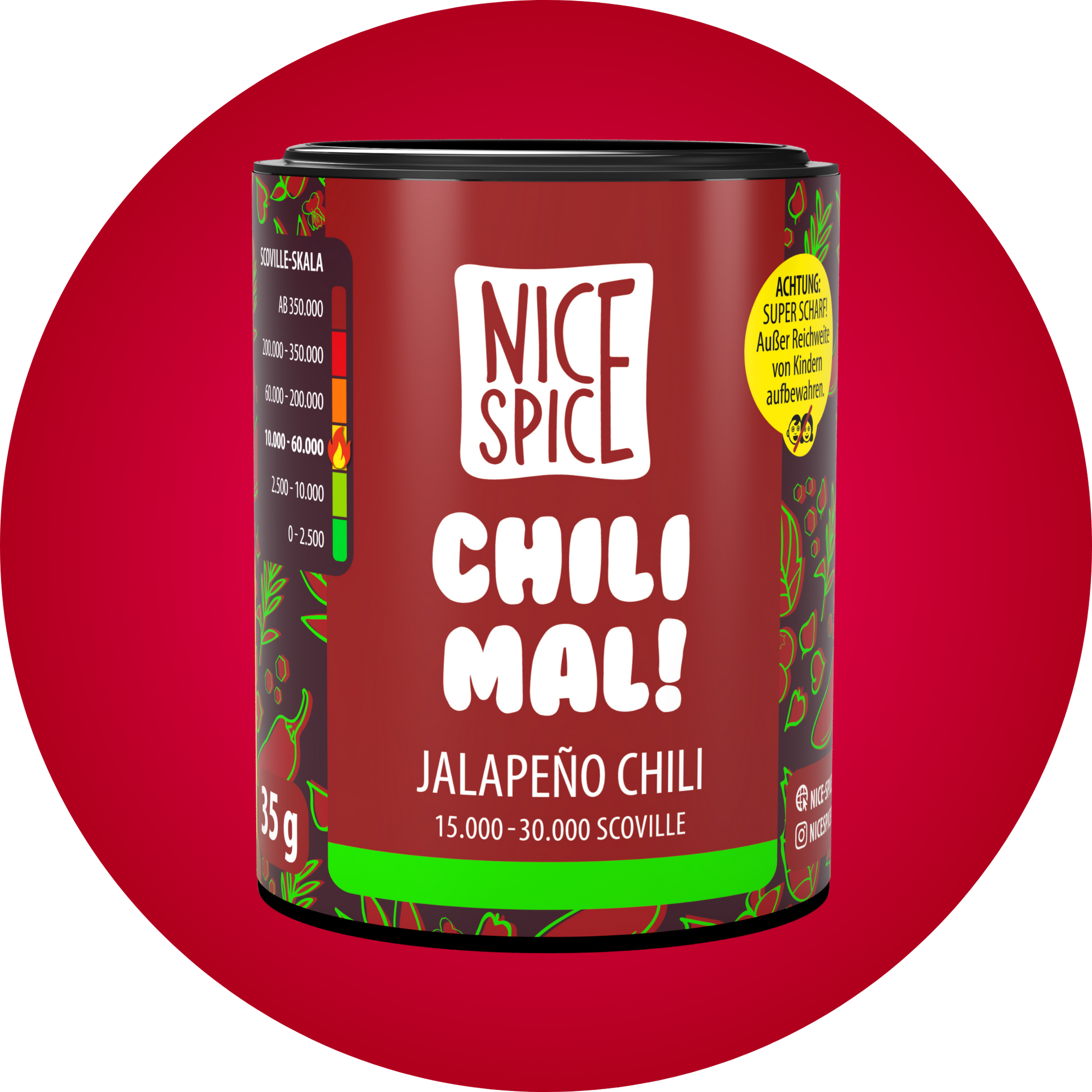 NICE SPICE Chili Mal Jalapeno Chili Flocken in dunkelroter zylinderförmiger Dose vor rotem Hintergrund