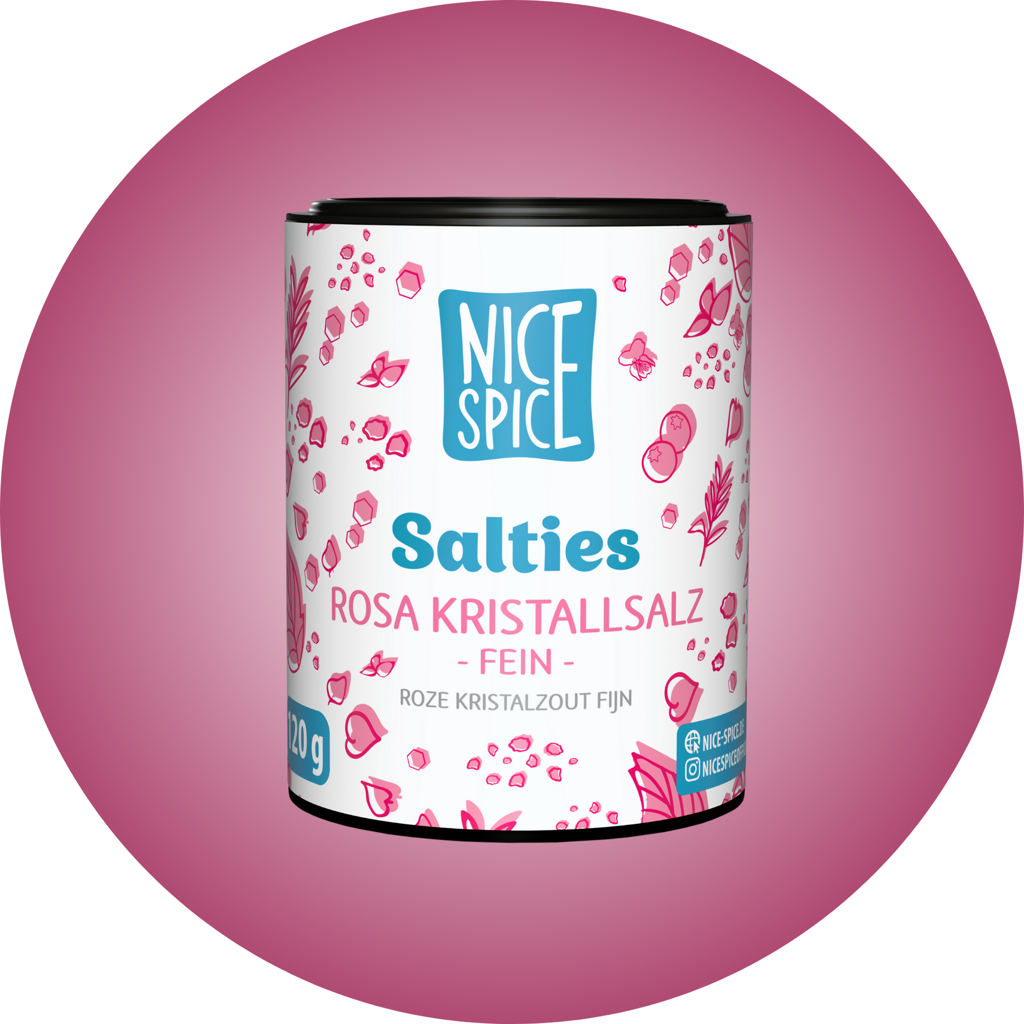 NICE SPICE Salties Rosa Kristallsalz in weissrosaner zylinderförmiger Dose mit verspieltem Design vor pinkem Hintergrund
